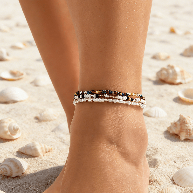3pcs Summer Bohemian Style Mixed Color Rice Bead Anklet Set